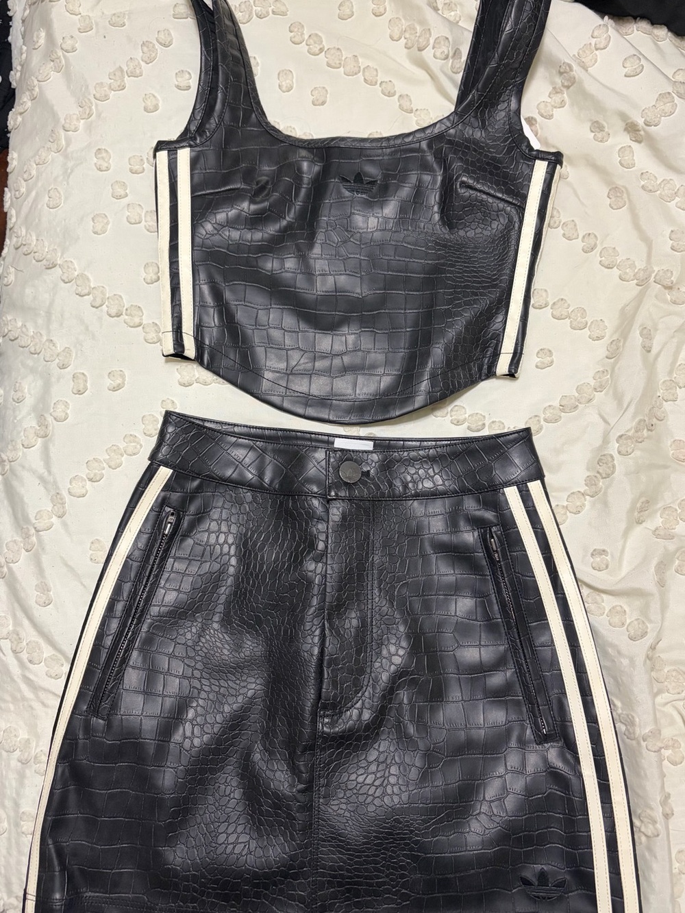 NWT ADIDAS Corset and Skirt Set in black and crème faux croc